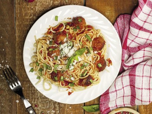[Translate to UK - englisch:] Spaghetti with meatballs and tomato sauce